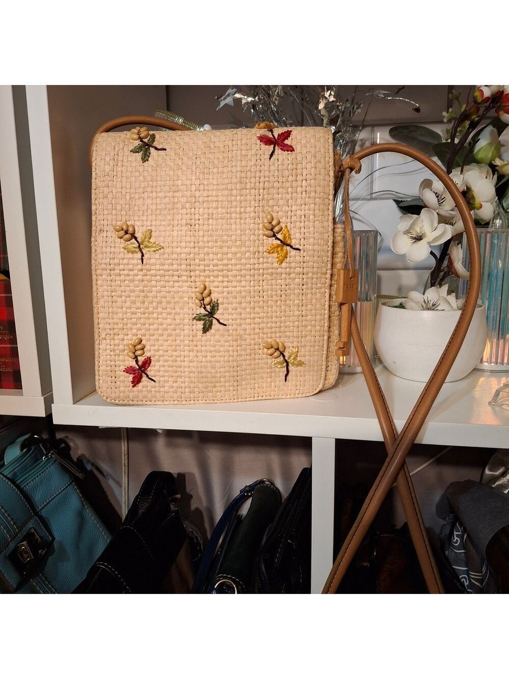 Fossil Woven Basket Crossbody Bag w/ Embroidered & Beaded Flowers - Cream